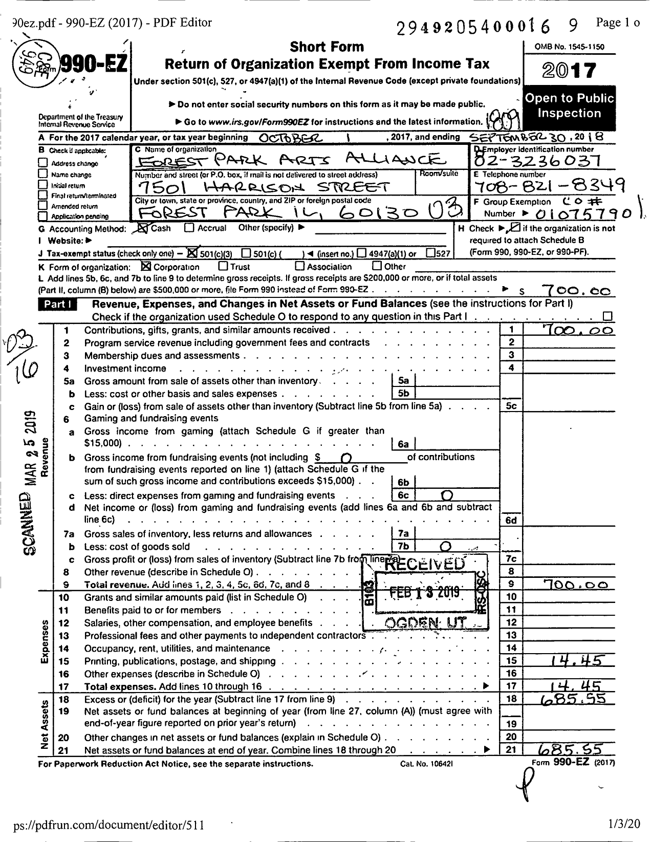 Image of first page of 2017 Form 990EZ for Forest Park Arts Alliance