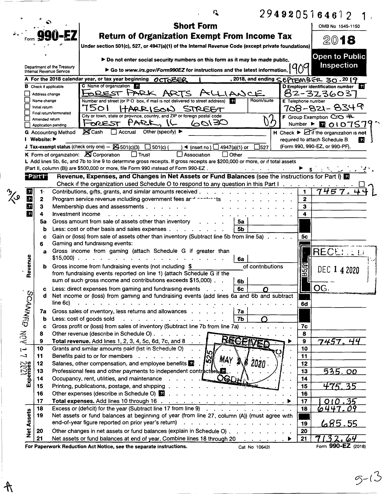 Image of first page of 2018 Form 990EZ for Forest Park Arts Alliance