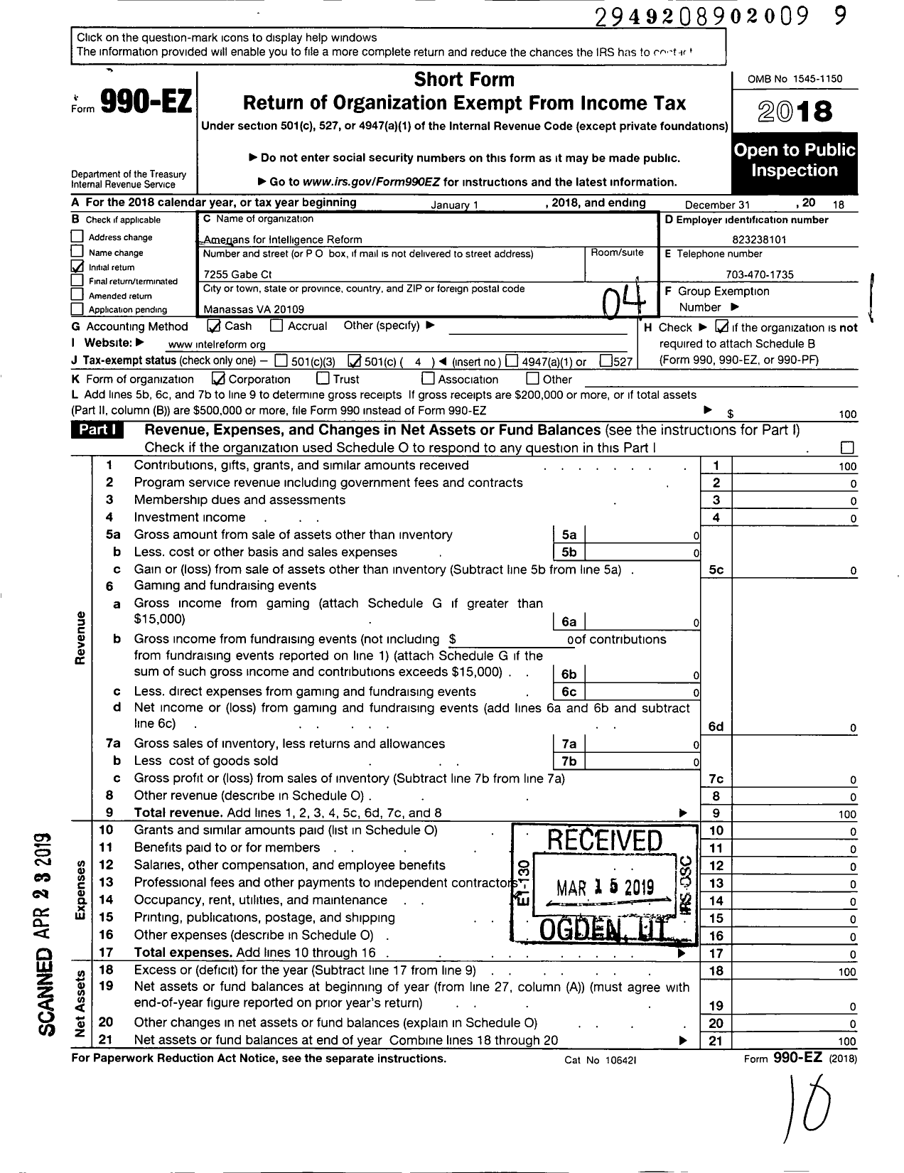 Image of first page of 2018 Form 990EO for Americans for Intelligence Reform (AIR)