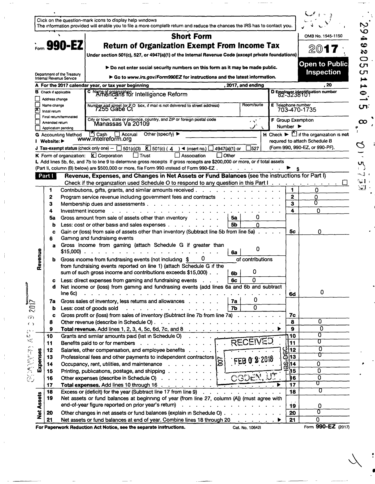 Image of first page of 2017 Form 990EO for Americans for Intelligence Reform (AIR)