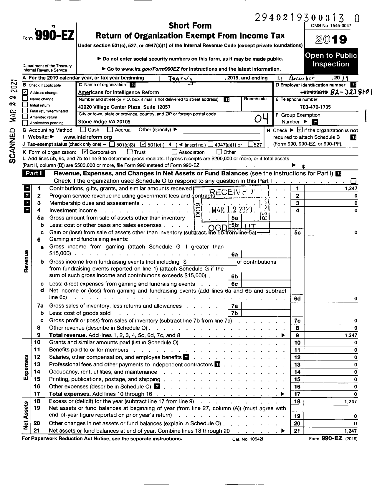 Image of first page of 2019 Form 990EO for Americans for Intelligence Reform (AIR)