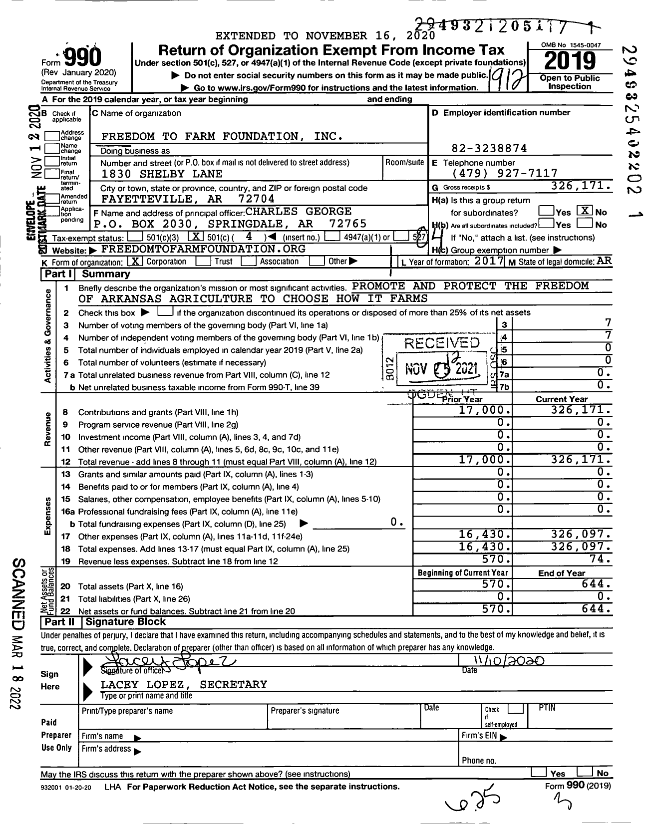 Image of first page of 2019 Form 990O for Freedom To Farm Foundation