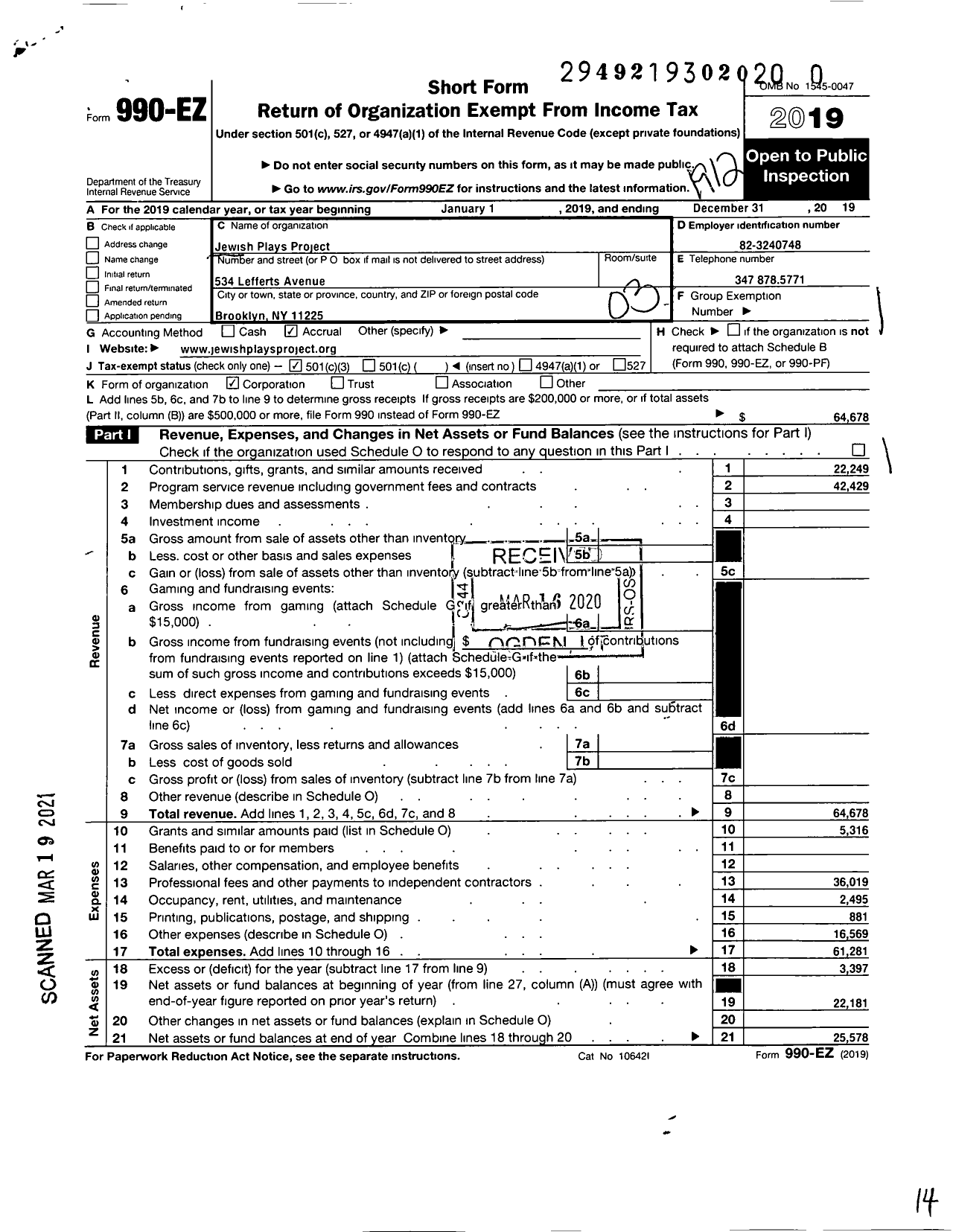 Image of first page of 2019 Form 990EZ for Jewish Plays Project