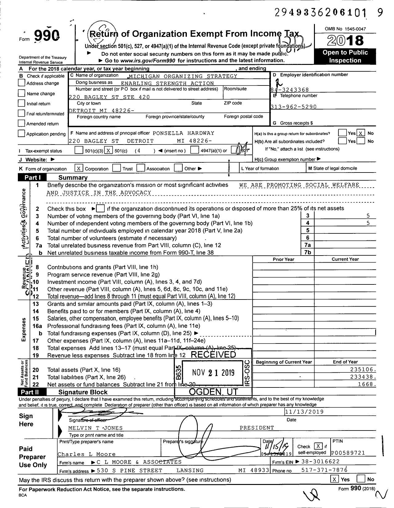 Image of first page of 2018 Form 990O for Michigan Organizing Strategy Enabling Strength Action