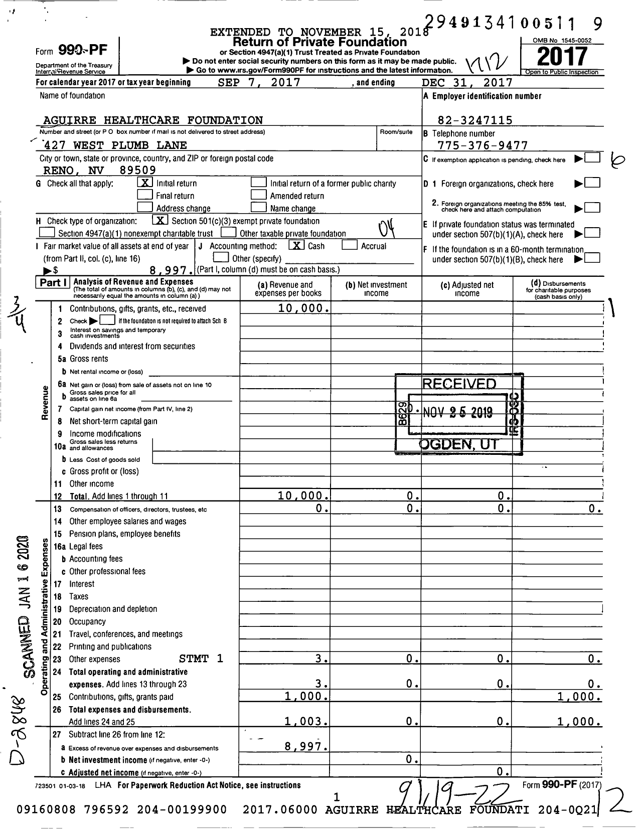 Image of first page of 2017 Form 990PF for Aguirre Healthcare Foundation