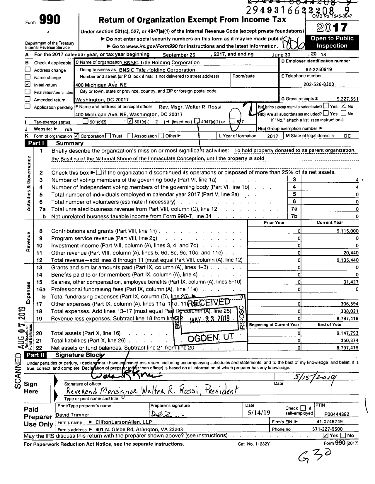 Image of first page of 2017 Form 990O for Bnsic Title Holding Corporation