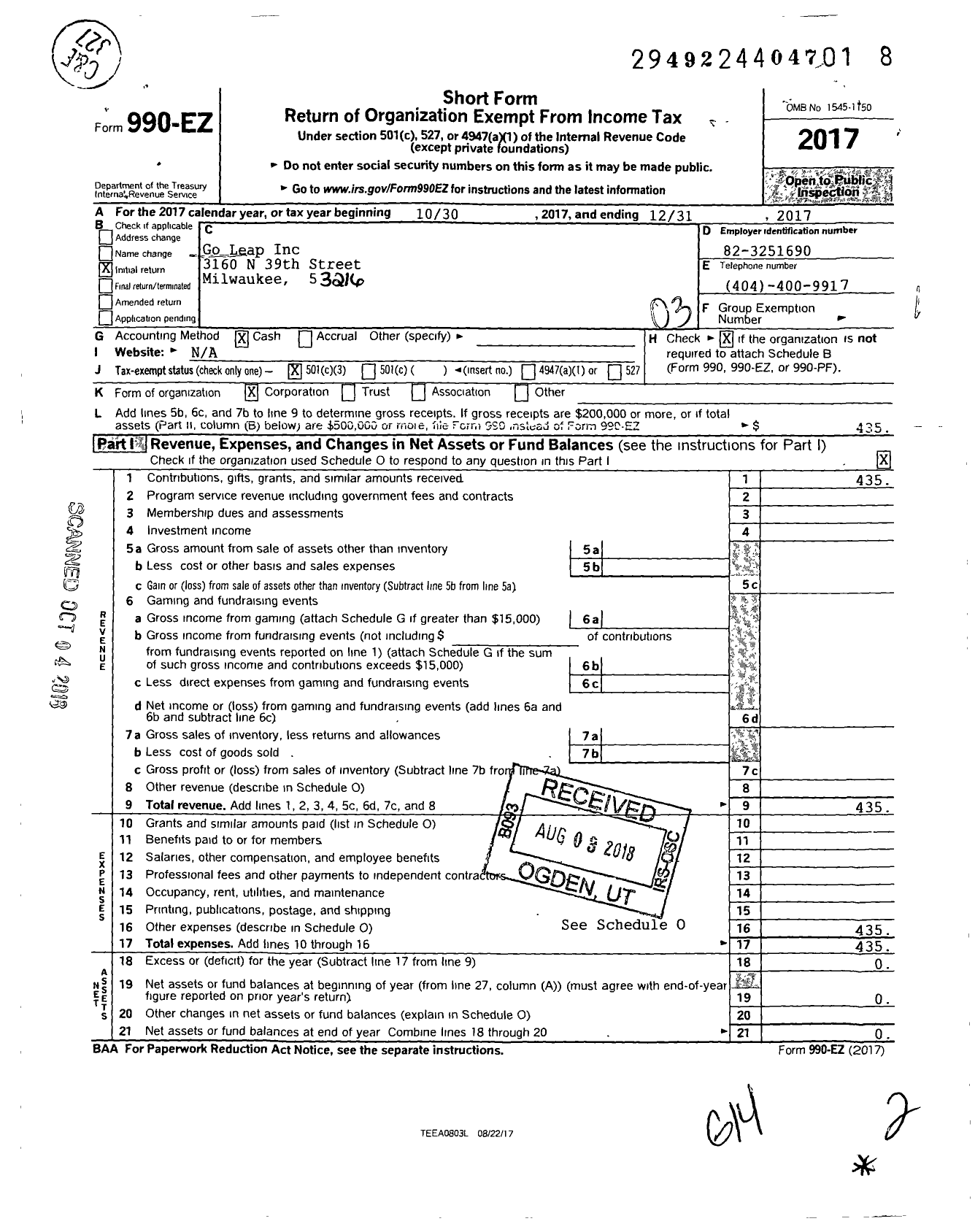 Image of first page of 2017 Form 990EZ for Go Leap