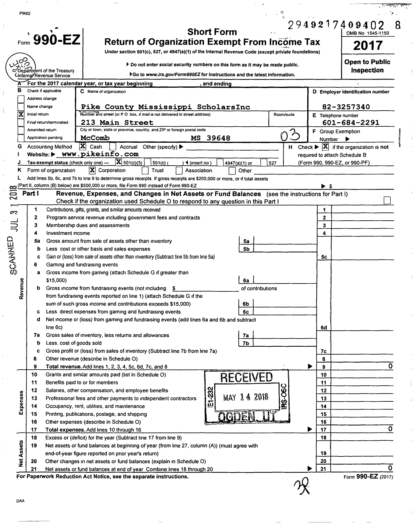 Image of first page of 2017 Form 990EZ for Pike County Mississippi Scholars