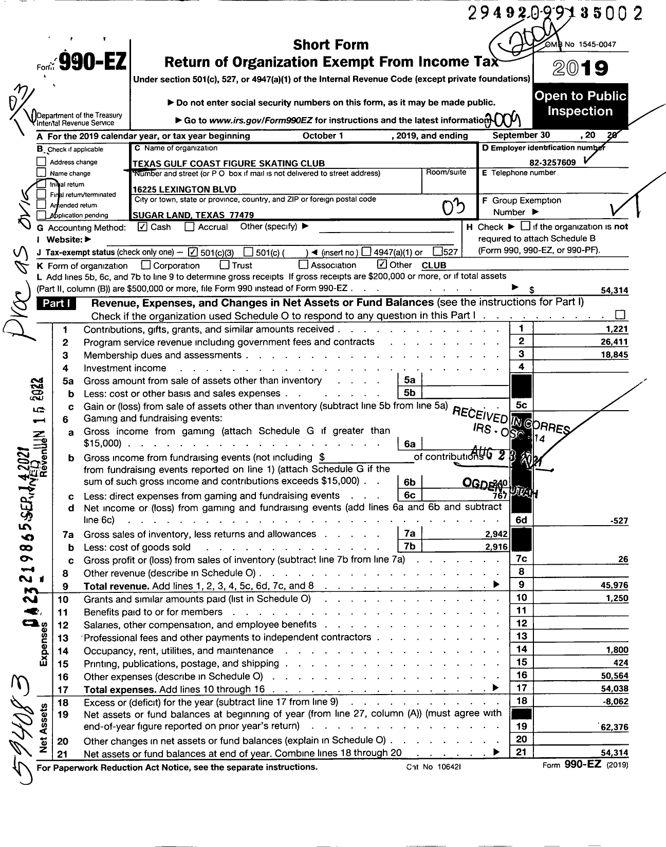 Image of first page of 2019 Form 990EZ for Texas Gulf Coast Figure Skating Club