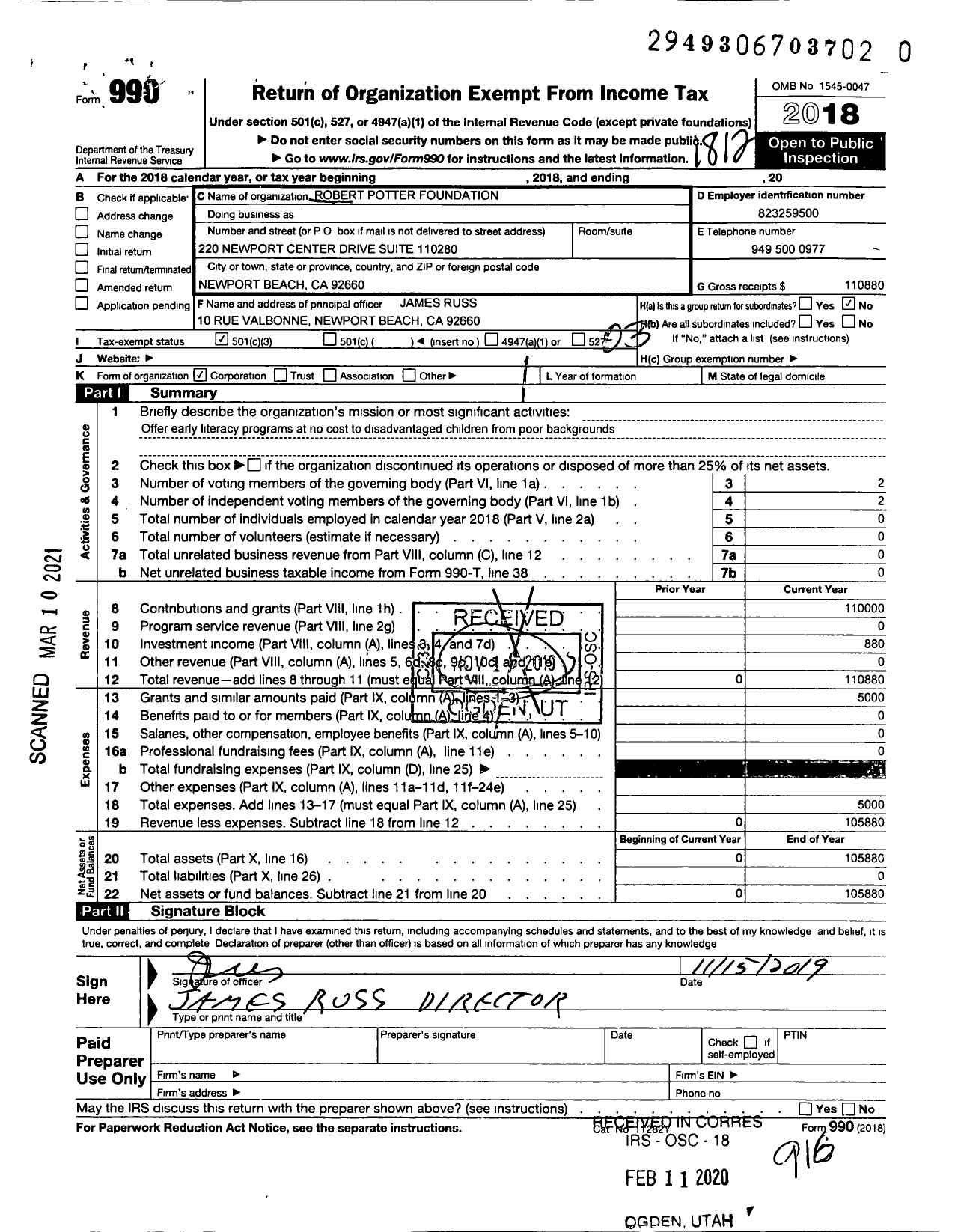 Image of first page of 2018 Form 990 for Robert Potter Foundation