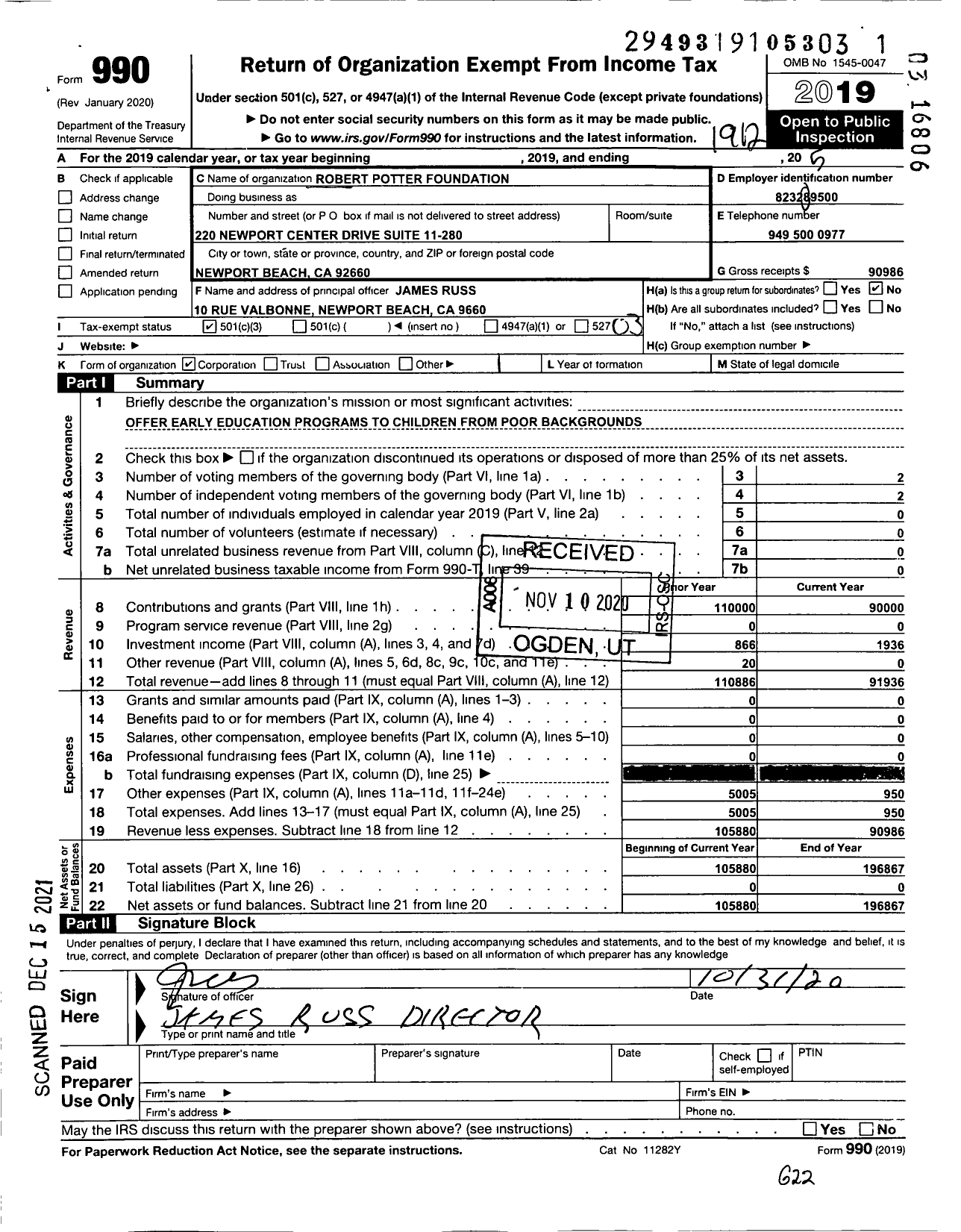 Image of first page of 2019 Form 990 for Robert Potter Foundation