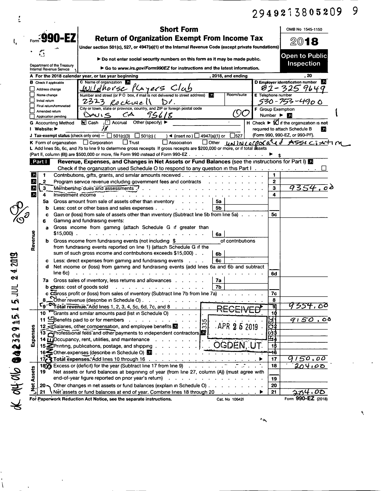 Image of first page of 2018 Form 990EO for Wildhorse Players Club