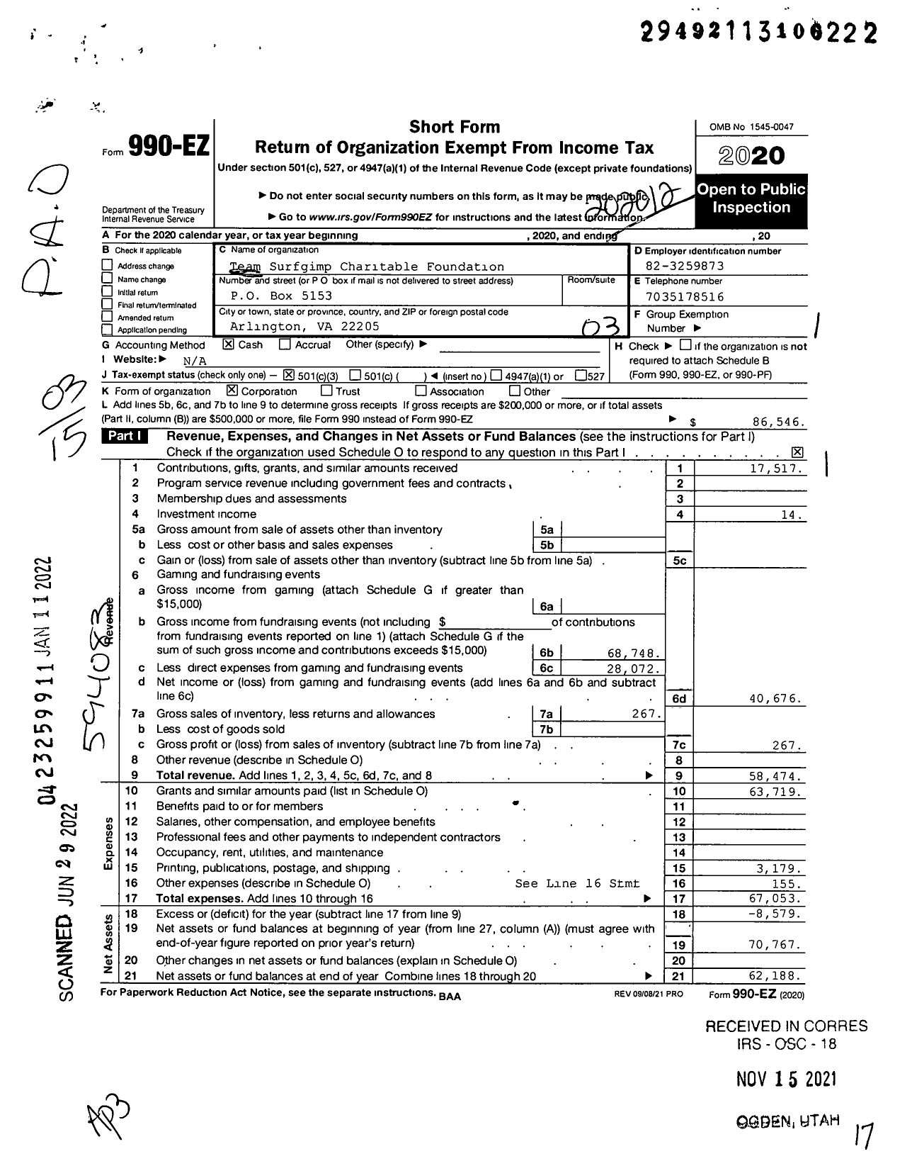 Image of first page of 2020 Form 990EZ for Team Surfgimp Charitable Foundation