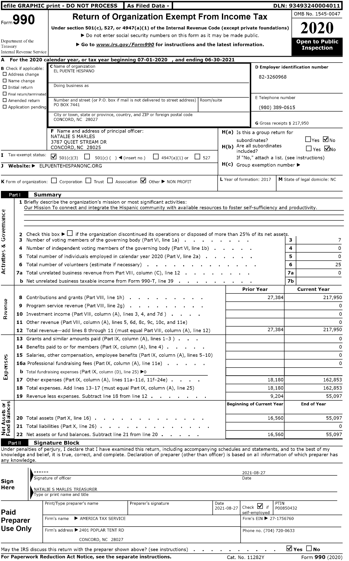 Image of first page of 2020 Form 990 for El Puente Hispano