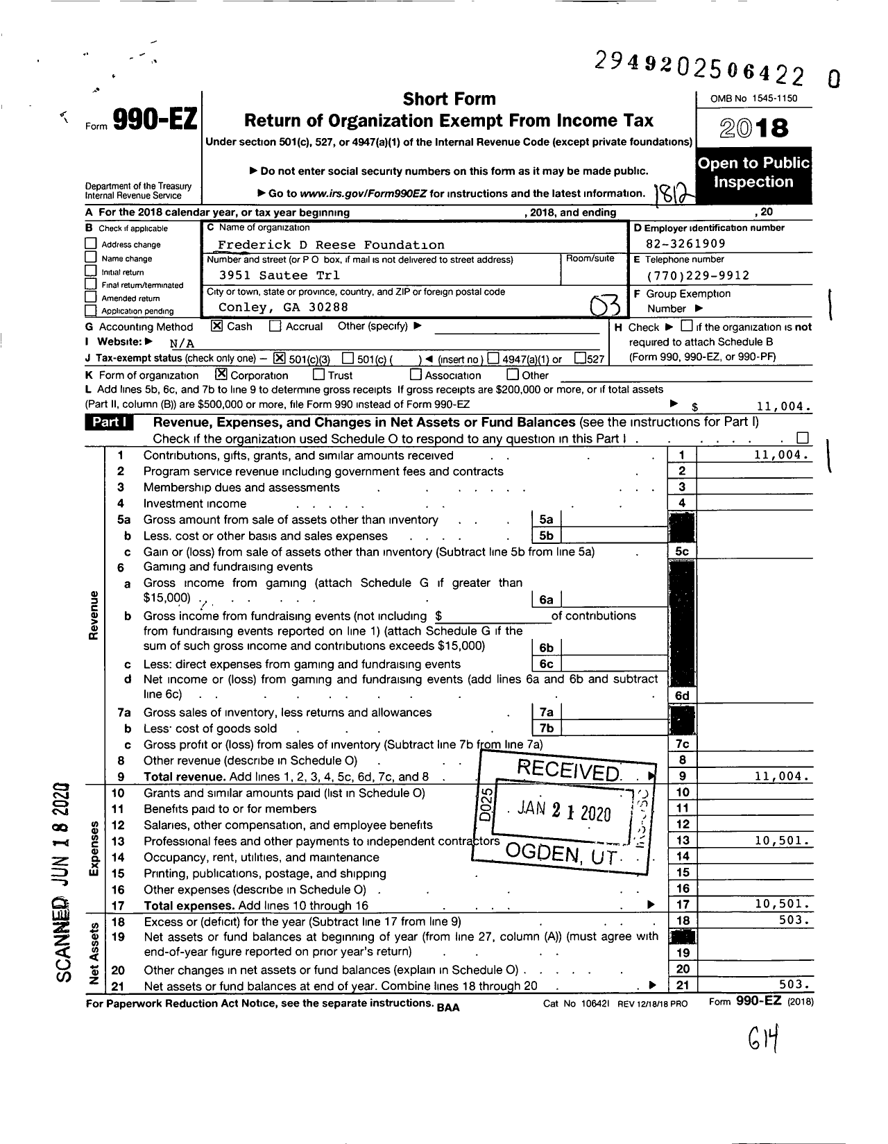 Image of first page of 2018 Form 990EZ for Frederick D Reese Foundation