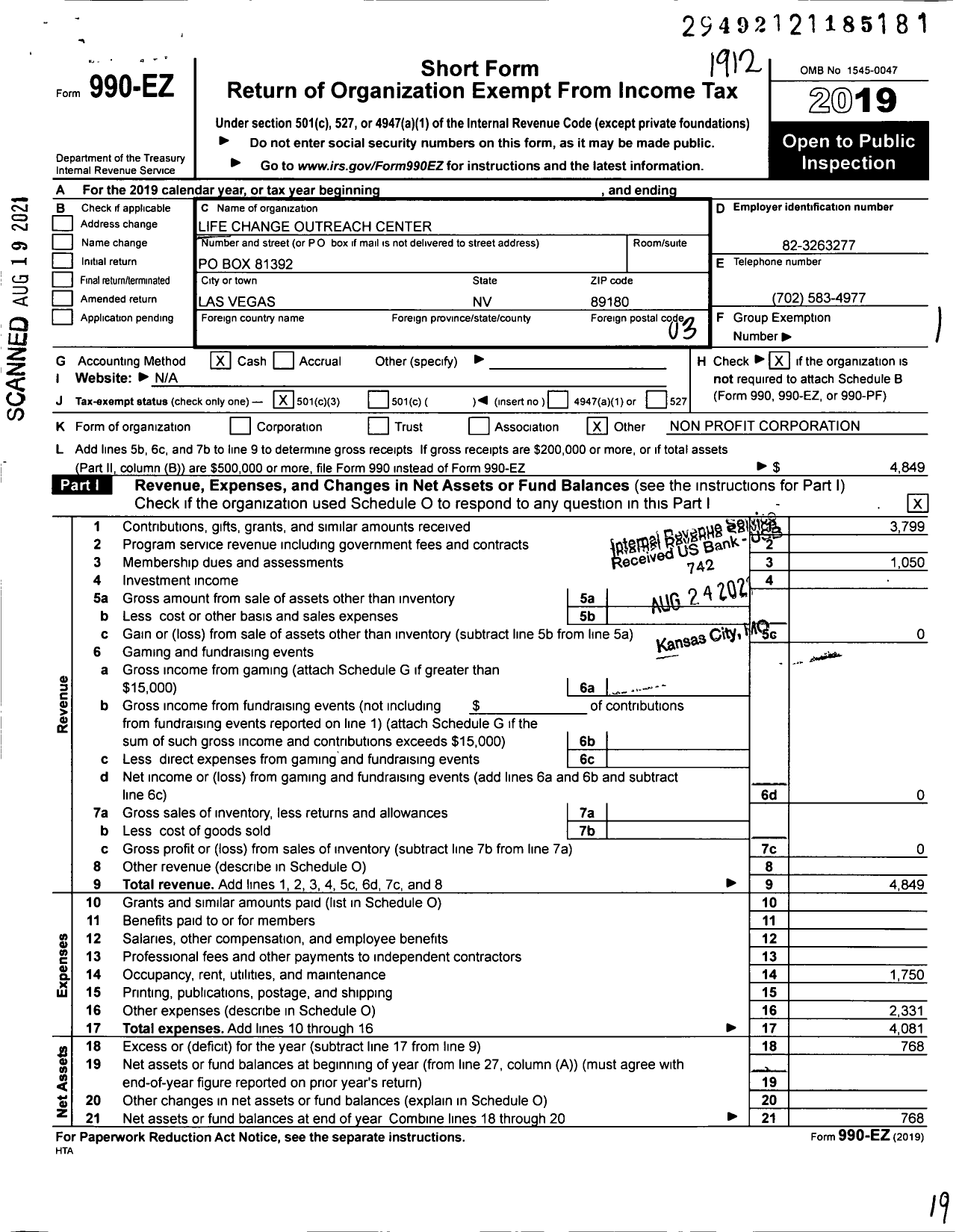 Image of first page of 2019 Form 990EZ for Life Change Outreach Center