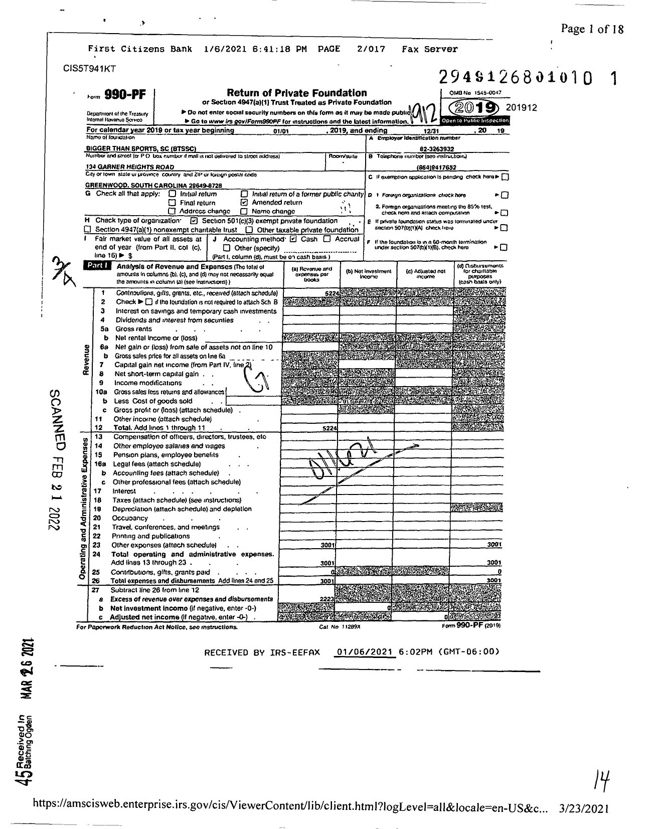 Image of first page of 2019 Form 990PF for Bigger Than Sports SC (BTSSC)