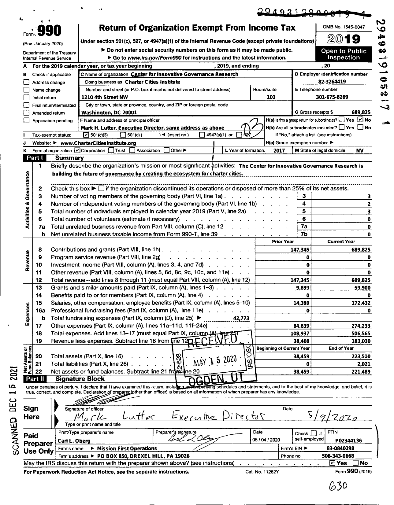 Image of first page of 2019 Form 990 for Charter Cities Institute