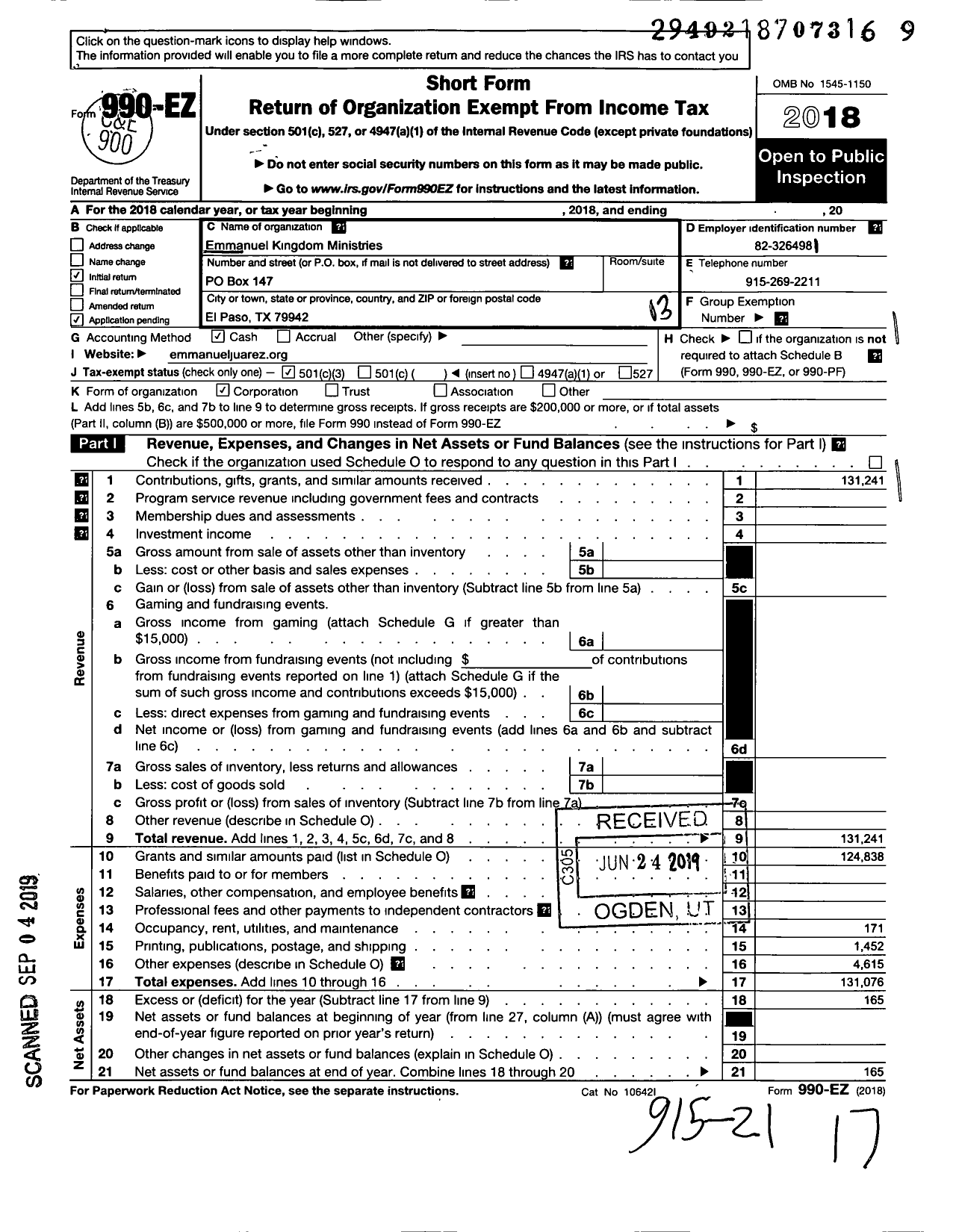 Image of first page of 2018 Form 990EZ for Emmanuel Ministries / Emmanuel Kingdom Ministries