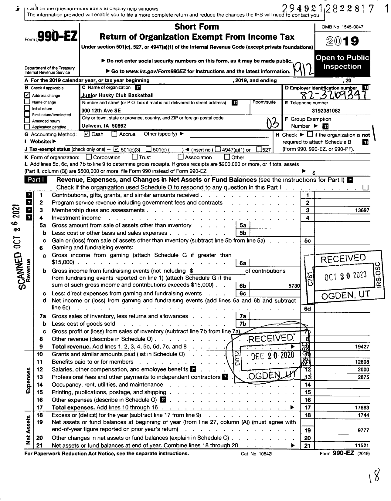 Image of first page of 2019 Form 990EZ for Junior Husky Basketball Club