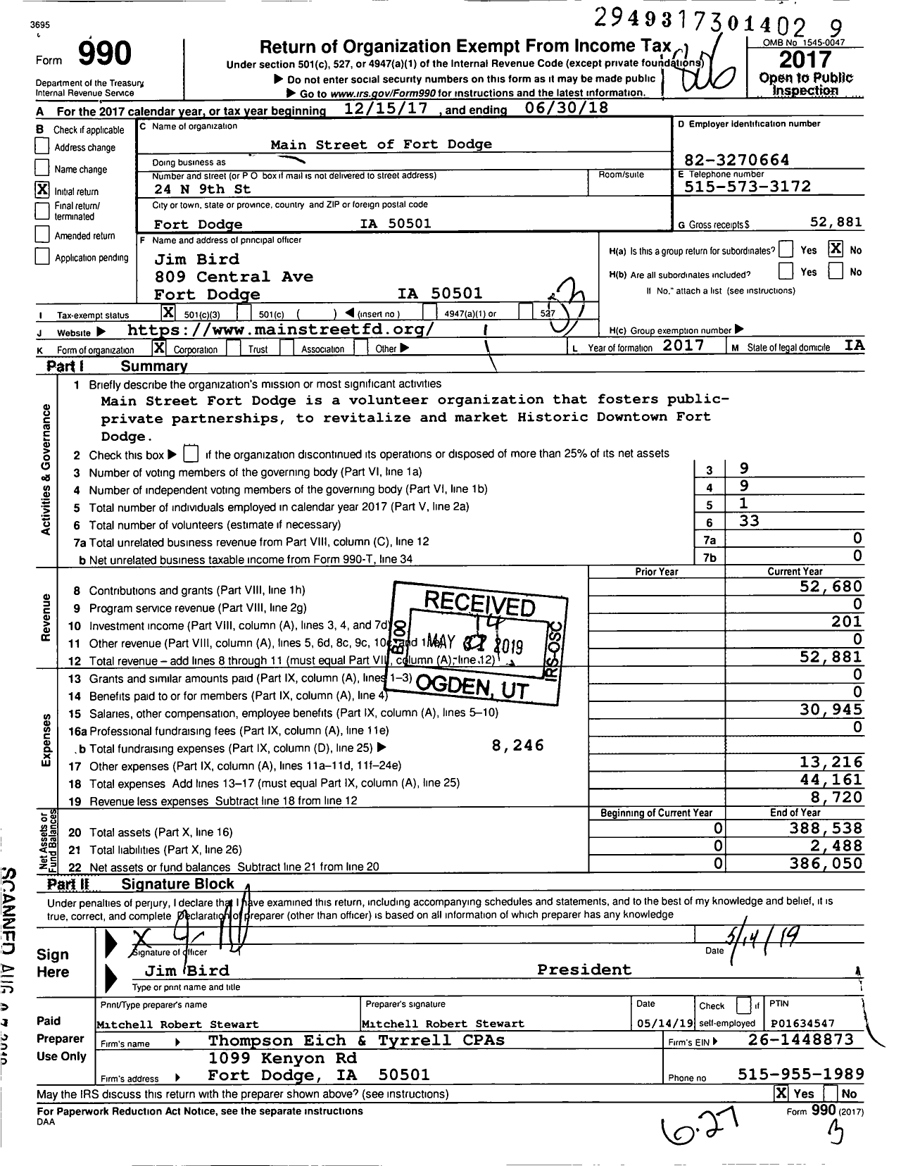 Image of first page of 2017 Form 990 for Main Street of Fort Dodge