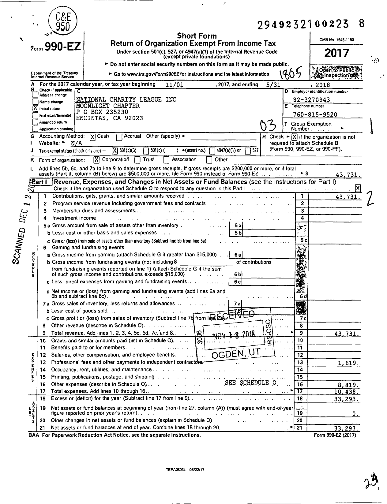 Image of first page of 2017 Form 990EZ for National Charity League Moonlight Chapter