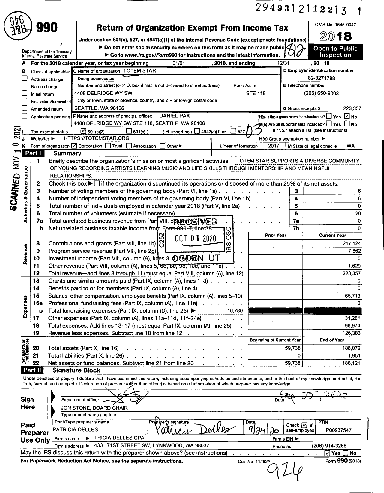 Image of first page of 2018 Form 990 for Totem Star