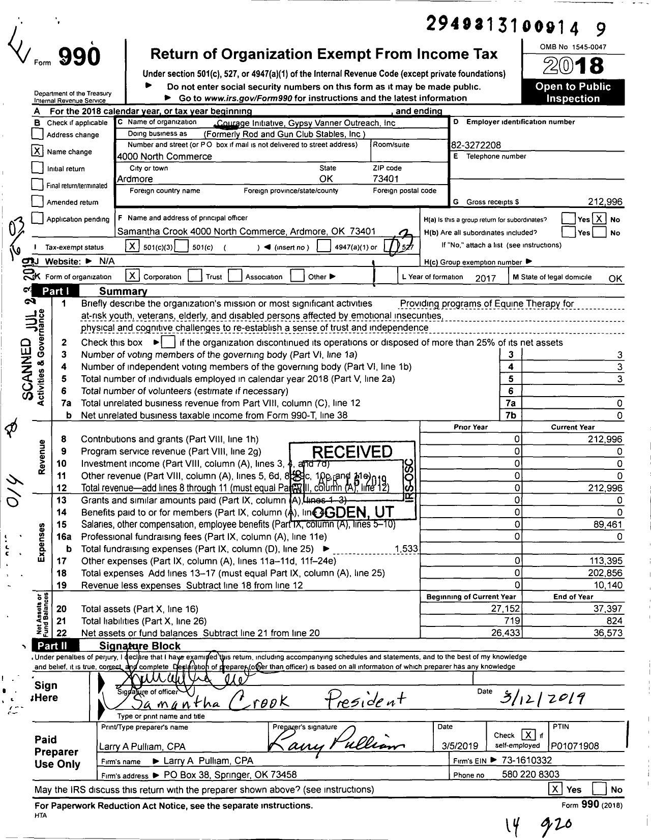 Image of first page of 2018 Form 990 for Courage Initiative Gypsy Vanner Outreach
