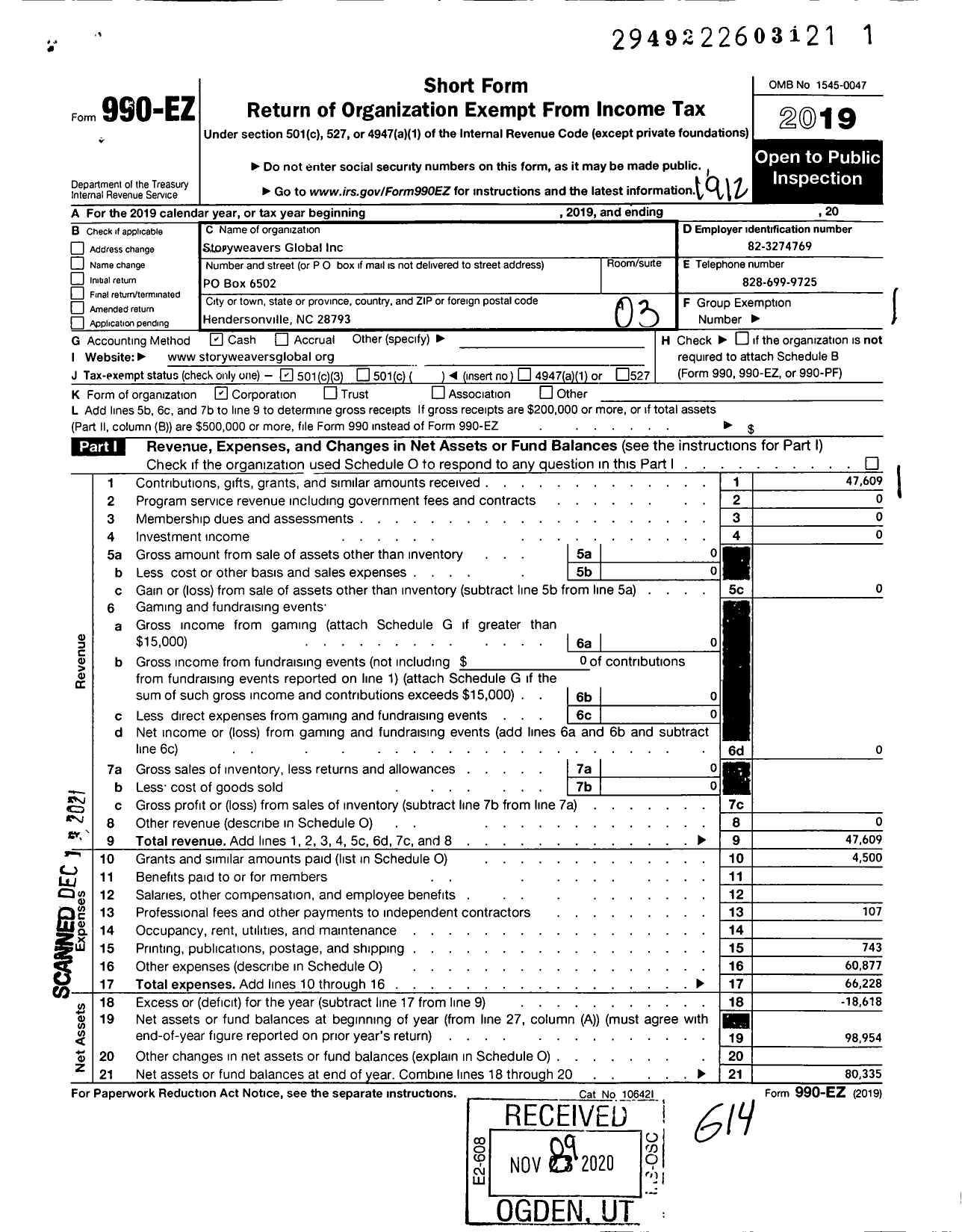 Image of first page of 2019 Form 990EZ for Storyweavers Global