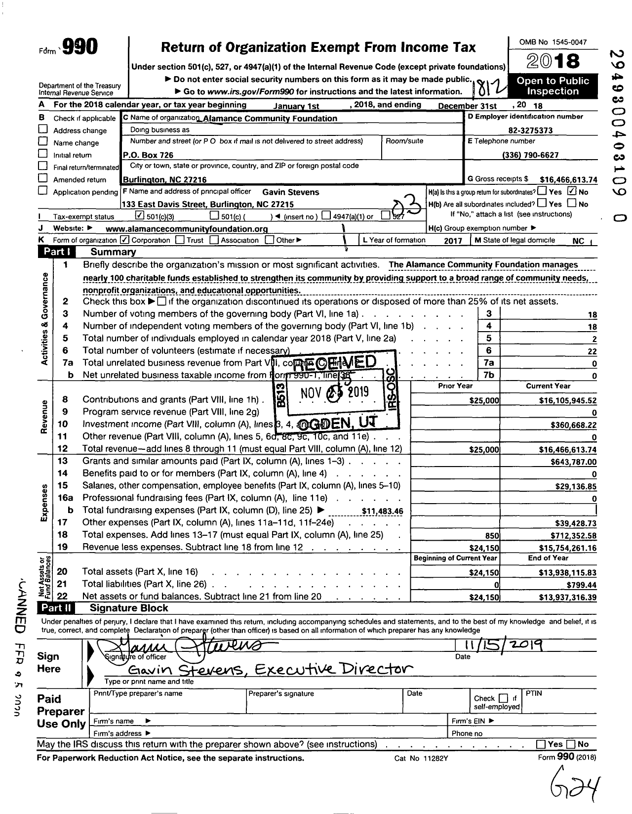 Image of first page of 2018 Form 990 for Alamance Community Foundation