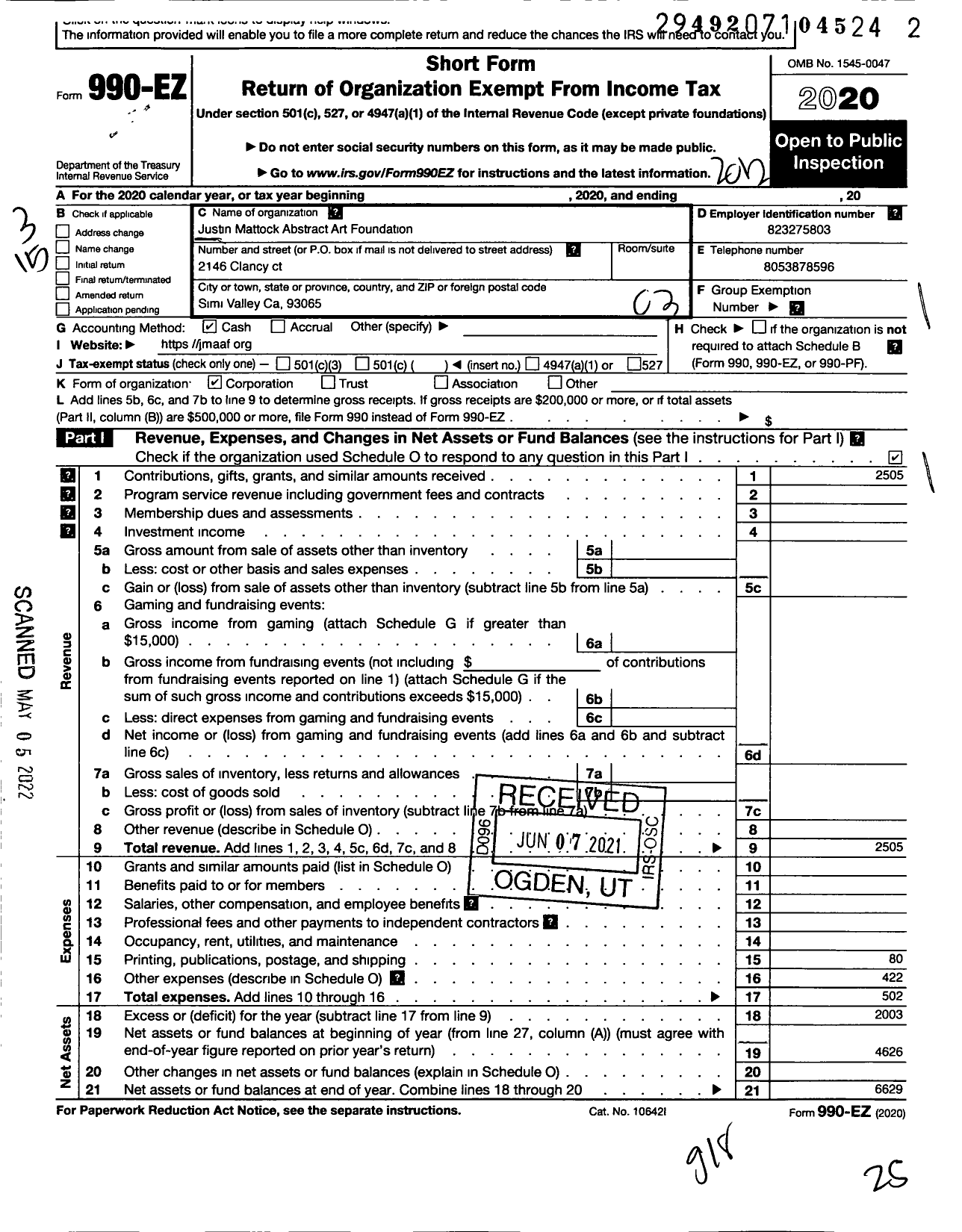 Image of first page of 2020 Form 990EZ for Justin Mattock Abstract Art Foundation