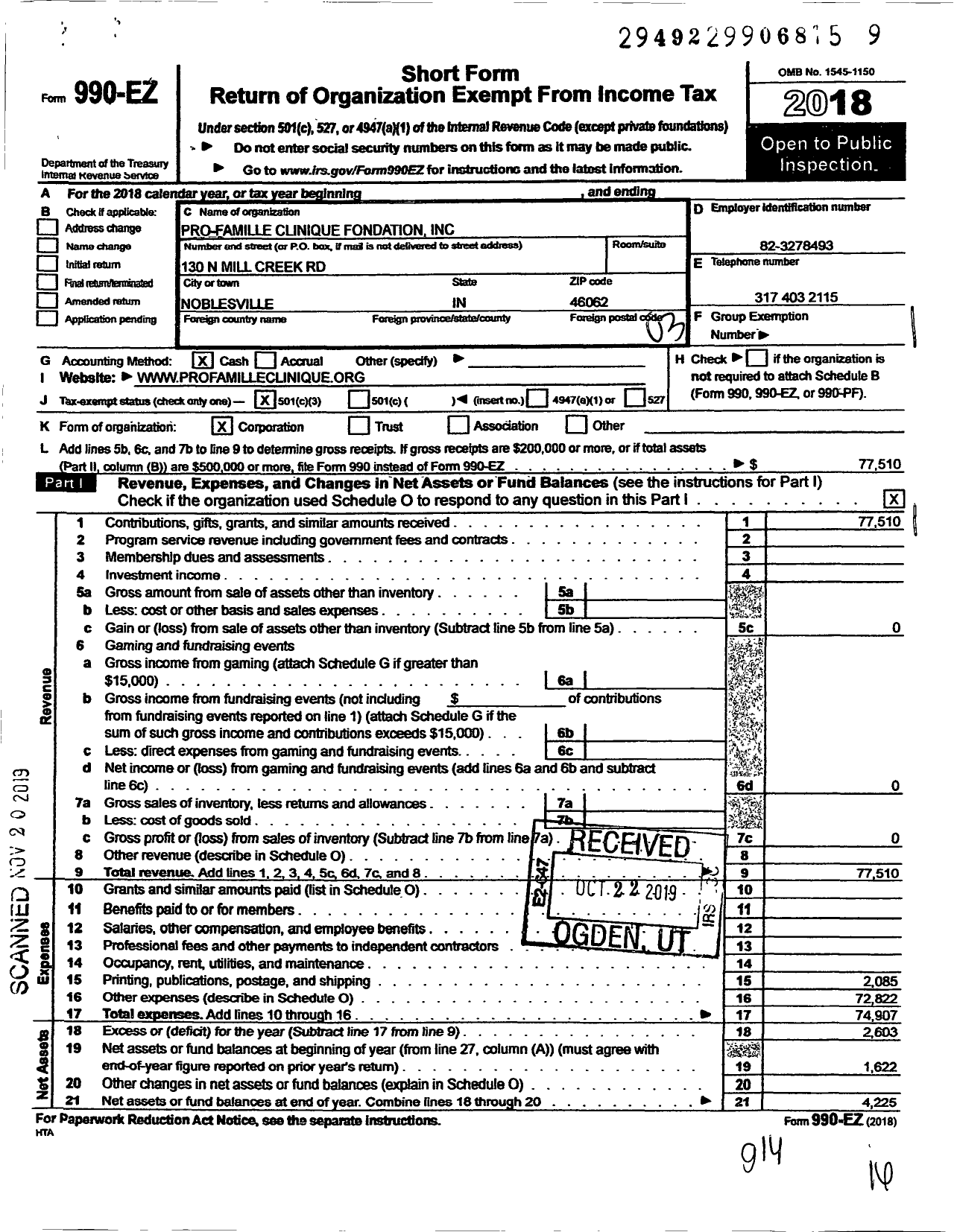 Image of first page of 2018 Form 990EZ for Pro-Famille -clinique Fondation