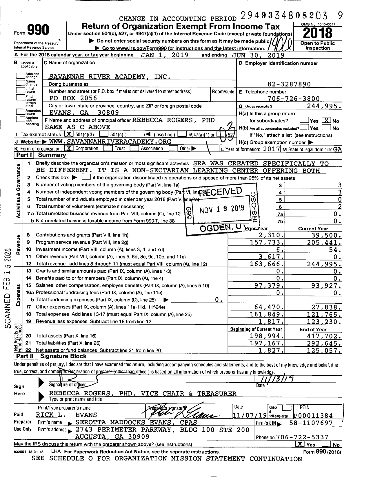 Image of first page of 2018 Form 990 for Savannah River Academy