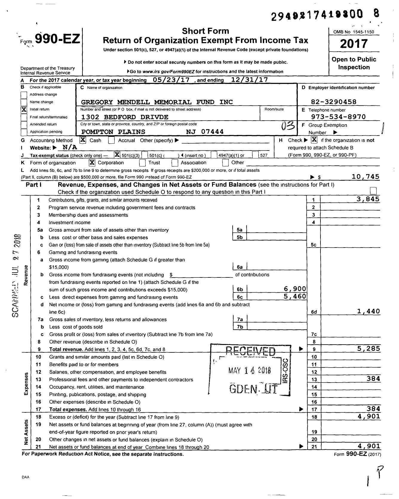 Image of first page of 2017 Form 990EZ for Gregory Mendell Memorial Fund