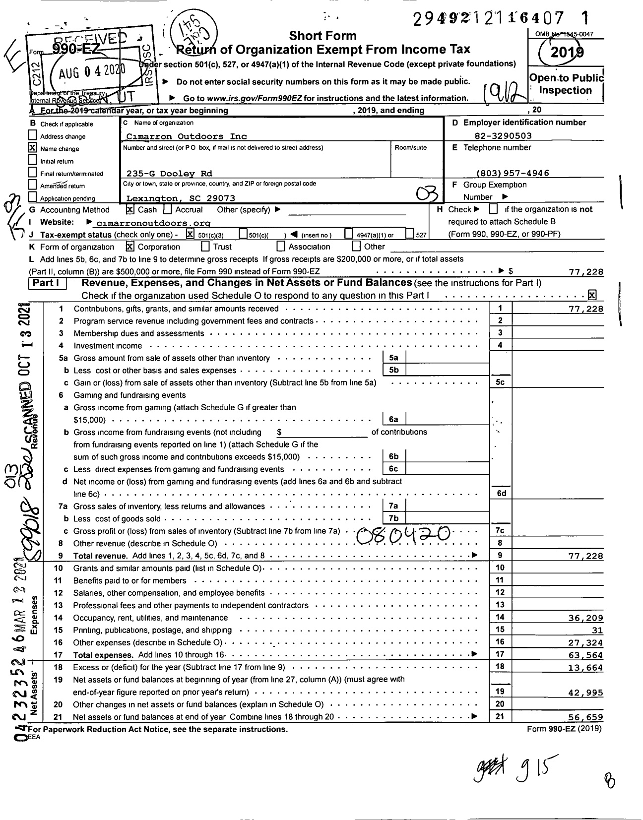 Image of first page of 2019 Form 990EZ for Cimarron Outdoors