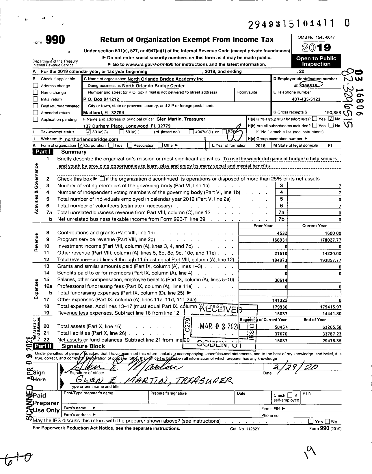 Image of first page of 2019 Form 990 for NORTH Orlando BRIDGE ACADEMY