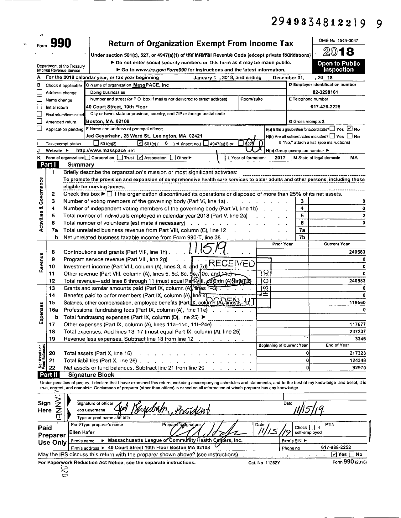 Image of first page of 2018 Form 990O for Masspace