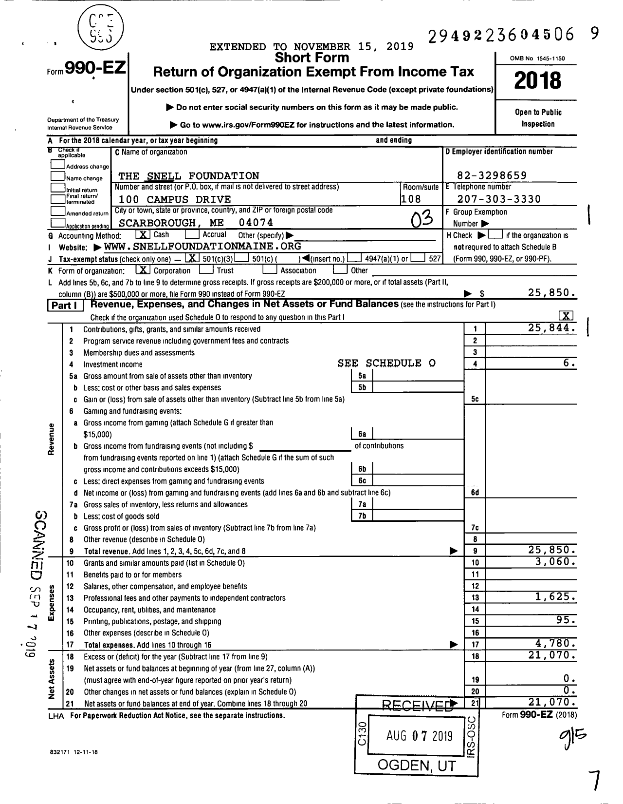Image of first page of 2018 Form 990EZ for The Snell Foundation