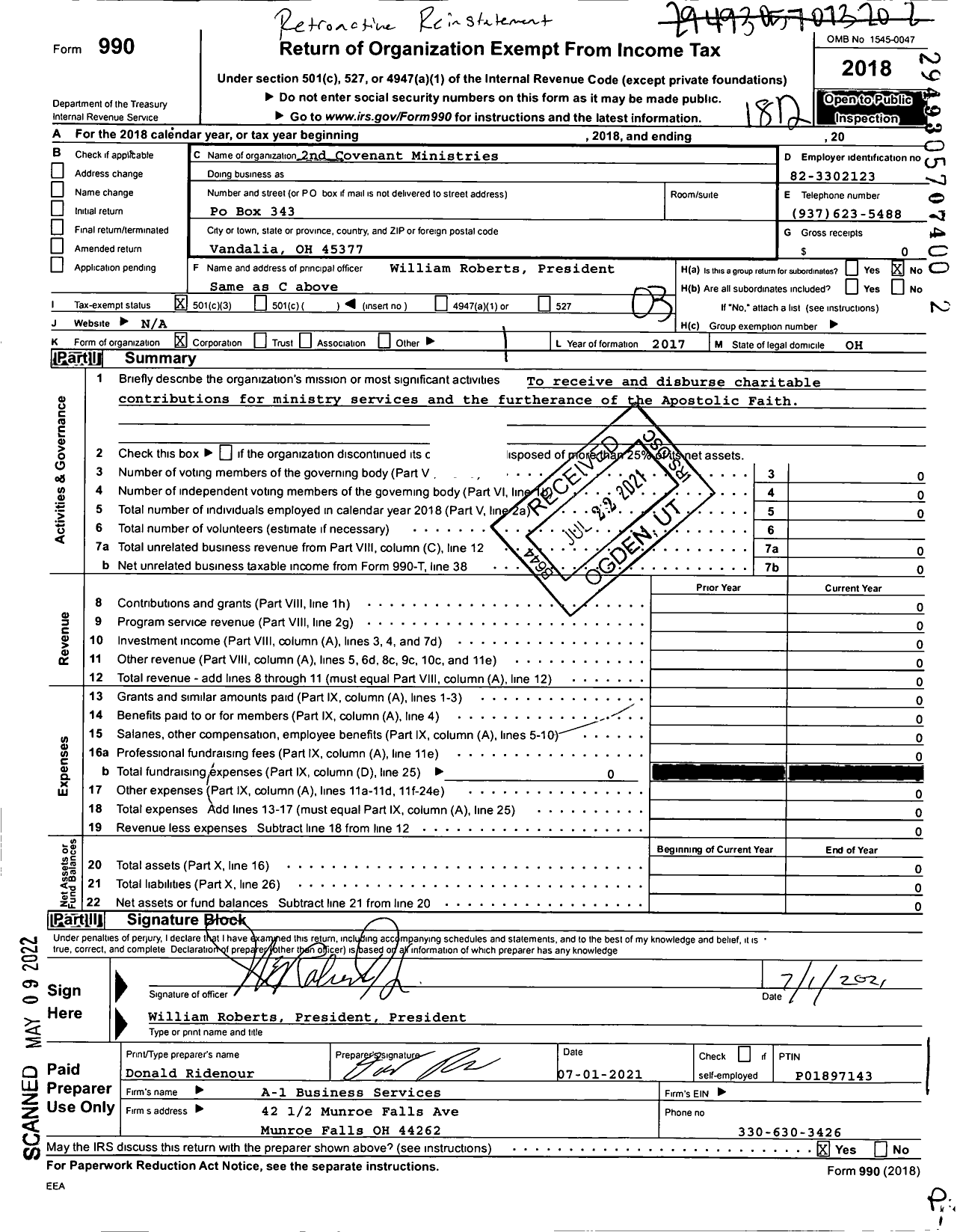 Image of first page of 2018 Form 990 for 2nd Covenant Ministries