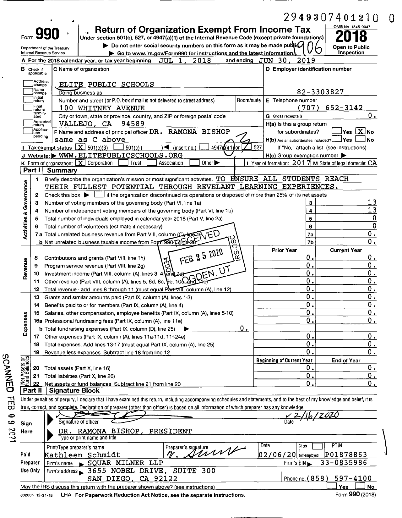 Image of first page of 2018 Form 990 for Elite Public Schools