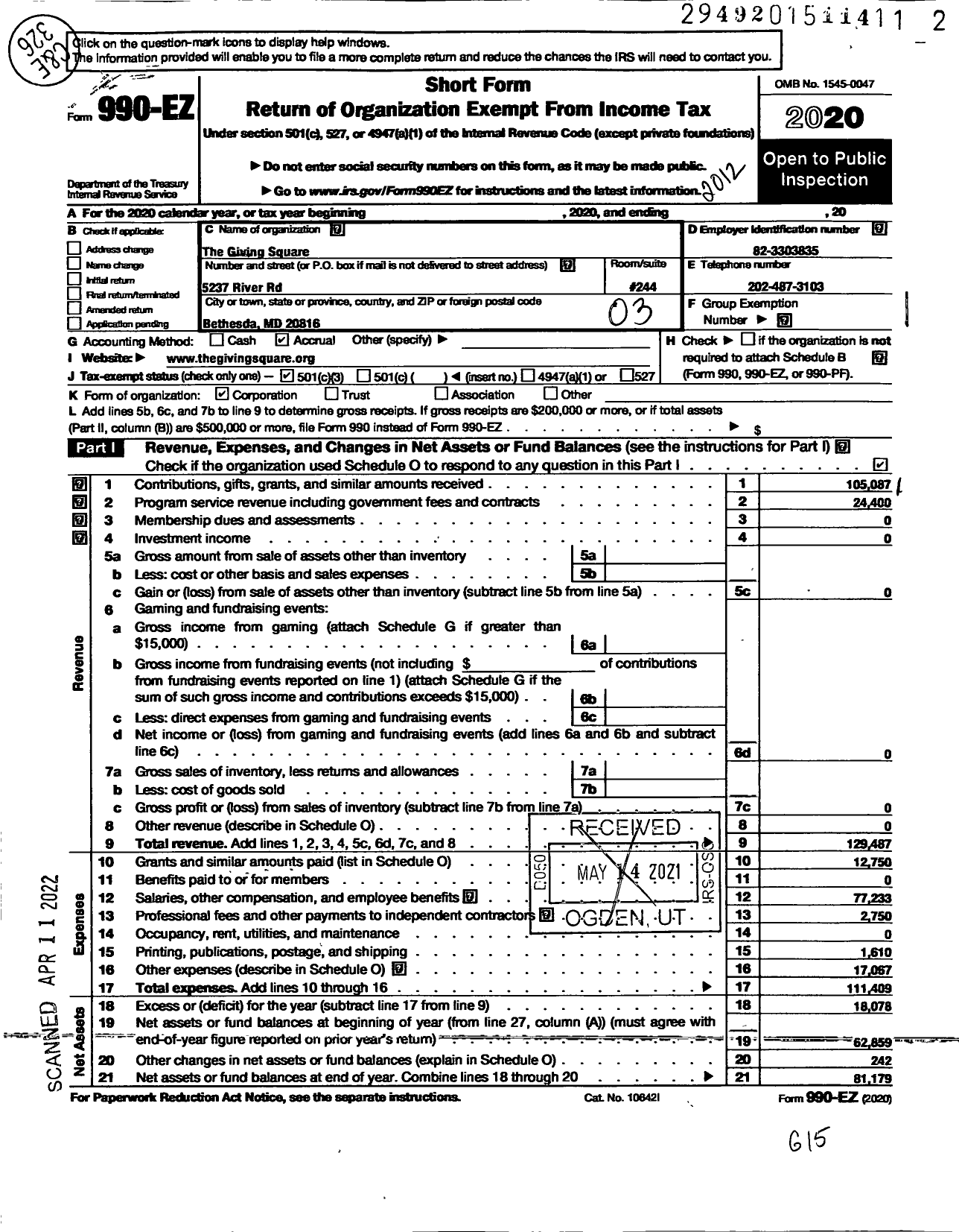 Image of first page of 2020 Form 990EZ for Giving Square