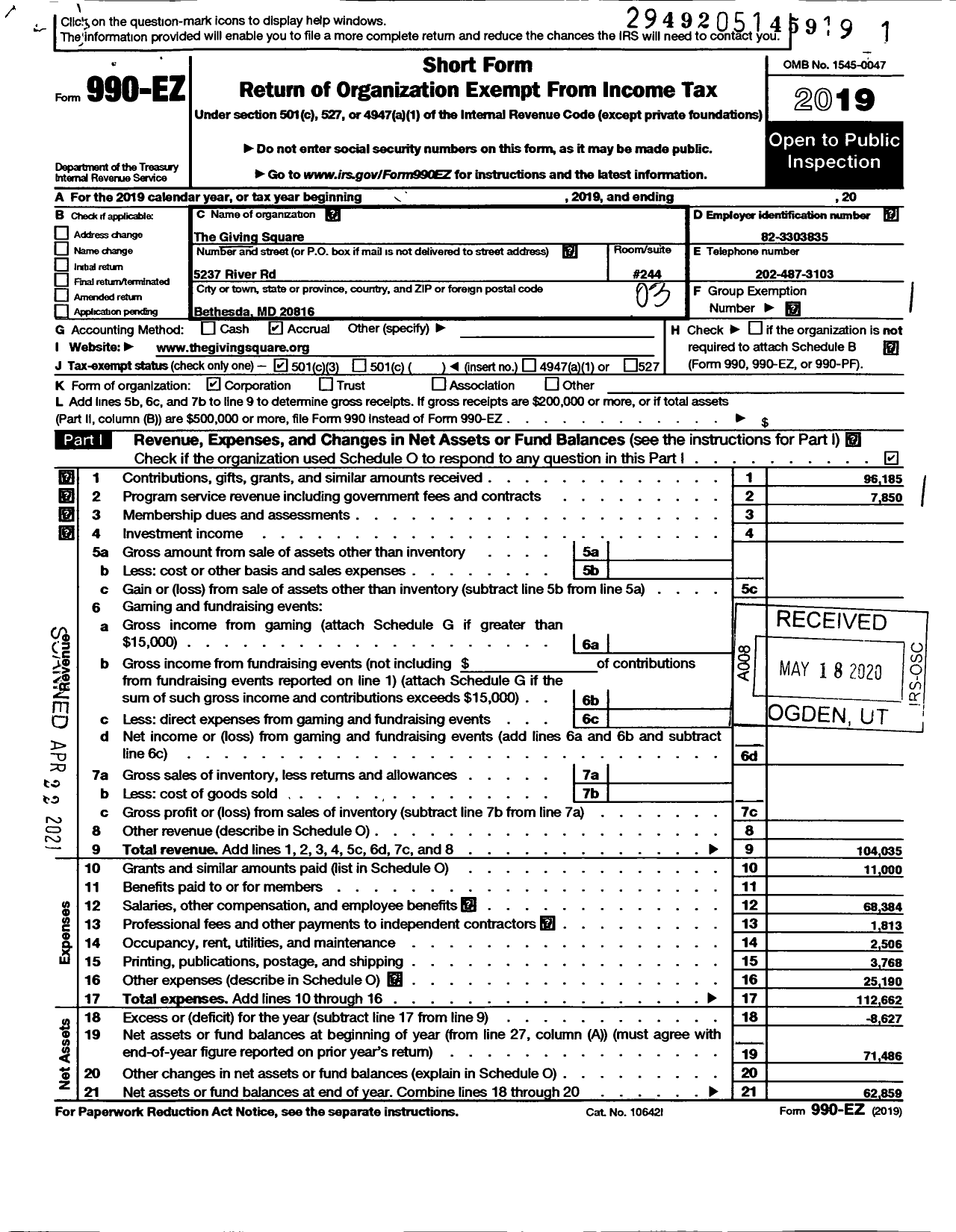 Image of first page of 2019 Form 990EZ for Giving Square