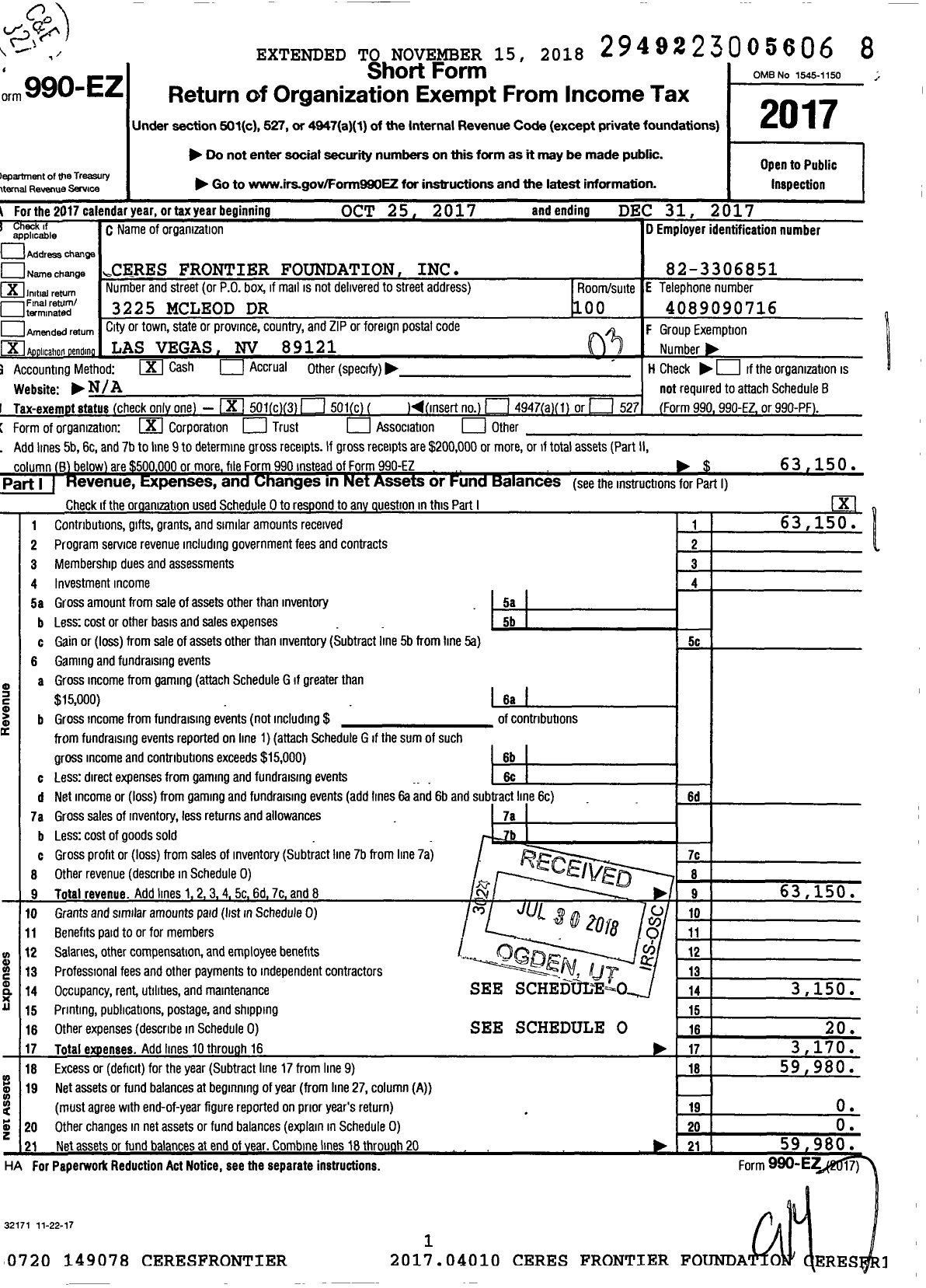 Image of first page of 2017 Form 990EZ for Ceres Frontier Foundation