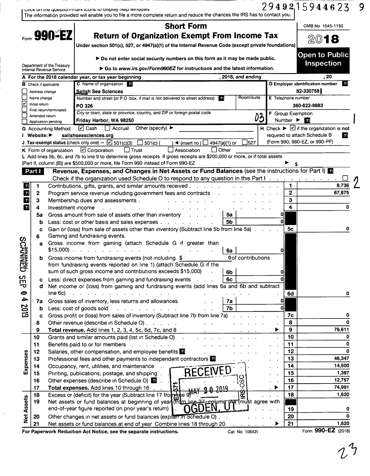 Image of first page of 2018 Form 990EZ for Salish Sea Sciences