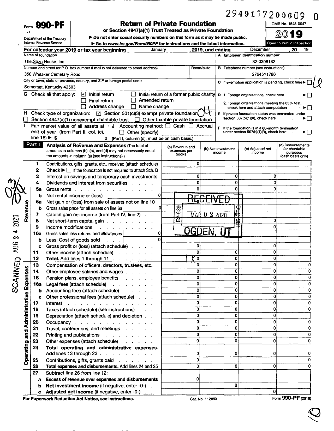 Image of first page of 2019 Form 990PR for The Sozo House