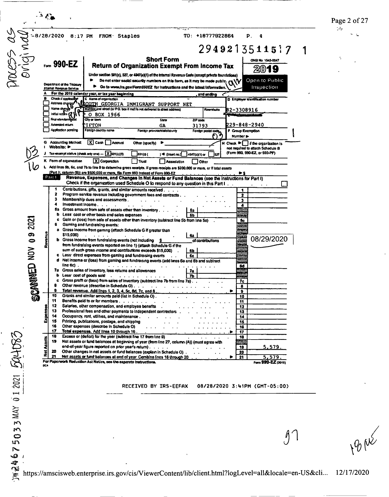 Image of first page of 2019 Form 990EZ for South Georgia Immigrant Support Network