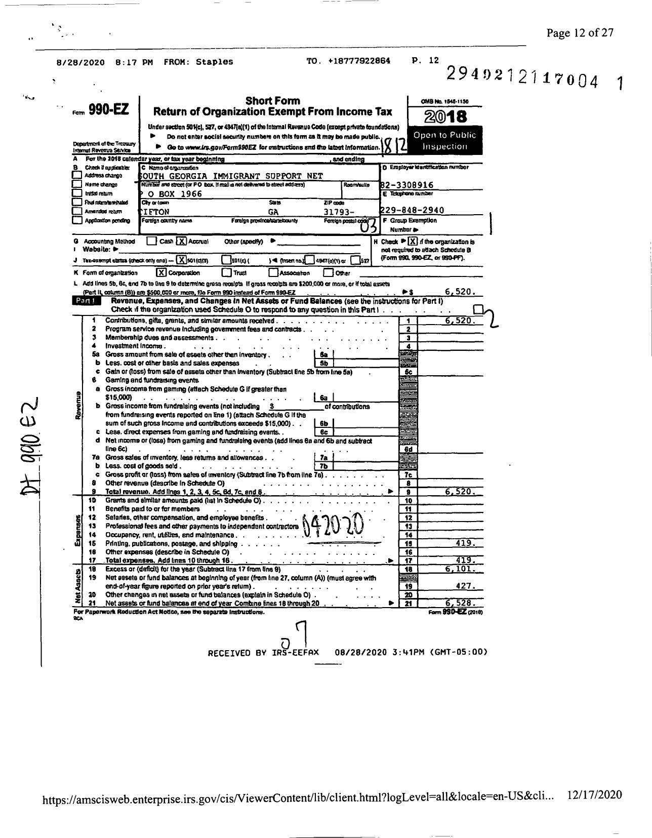 Image of first page of 2018 Form 990EZ for South Georgia Immigrant Support Network