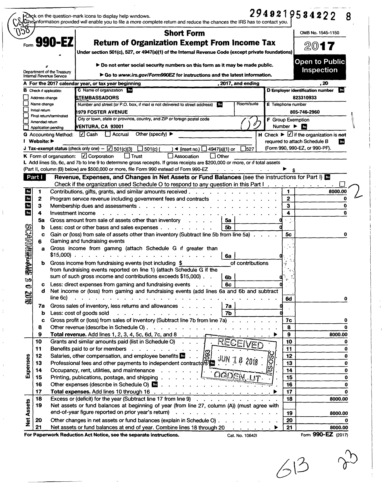 Image of first page of 2017 Form 990EZ for Stembassadors