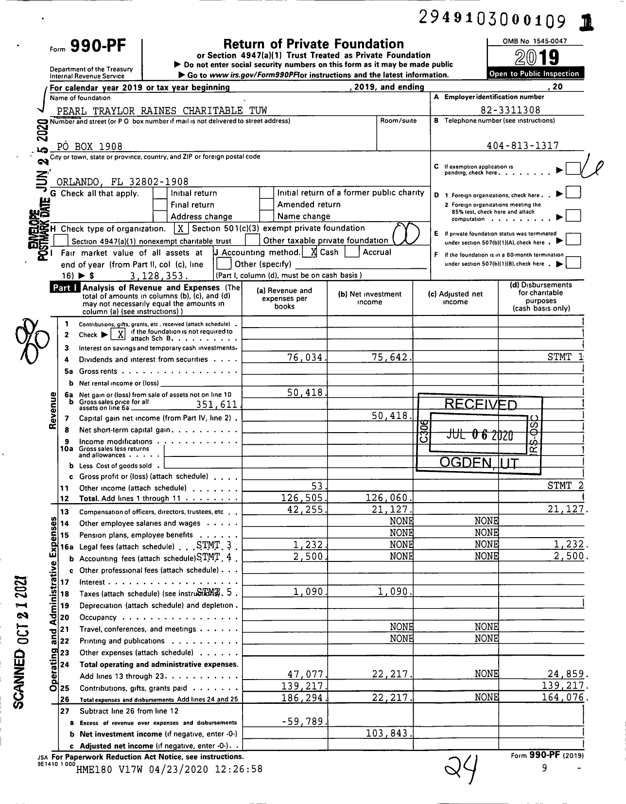 Image of first page of 2019 Form 990PF for Pearl Traylor Raines Charitable Tuw