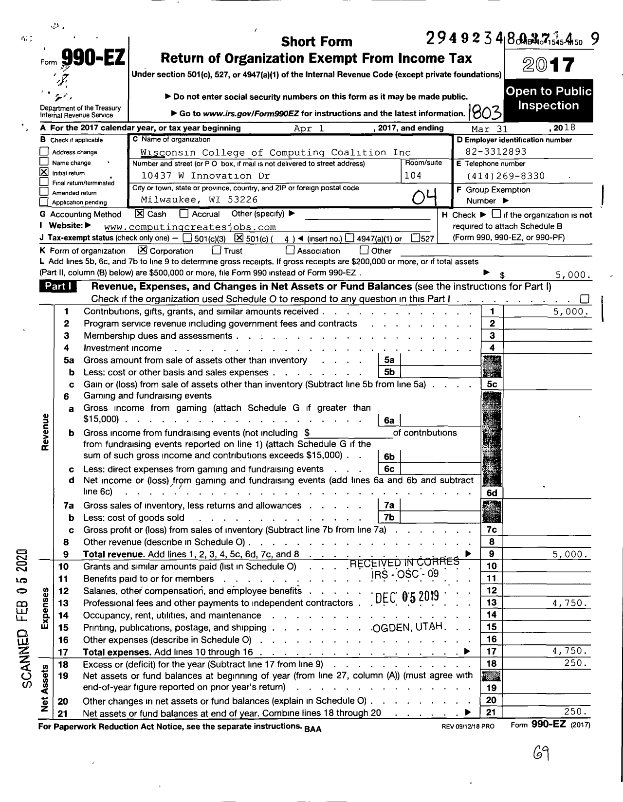 Image of first page of 2017 Form 990EO for Wisconsin College of Computing Coalition